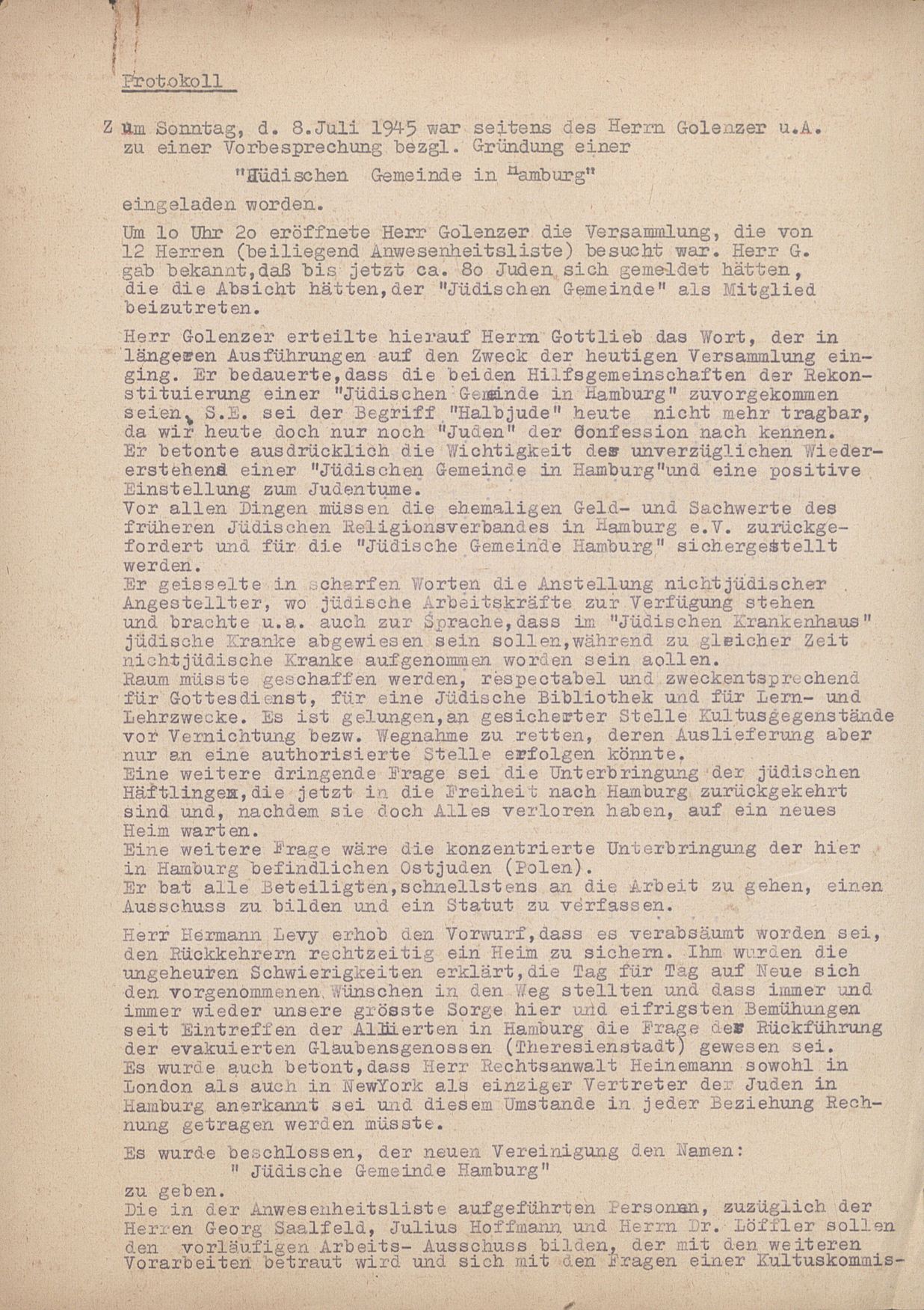 Niederschrift einer Zusammenkunft zur Neugründung der Jüdischen Gemeinde in Hamburg im Juli 1945